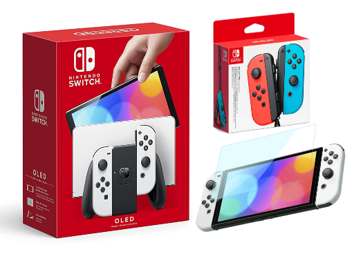 באנדל  Nintendo Switch OLED 64GB + מגן מסך סיליקון איכותי + זוג שלטי ג'ויקון נוספים + אחריות יבואן לשנה