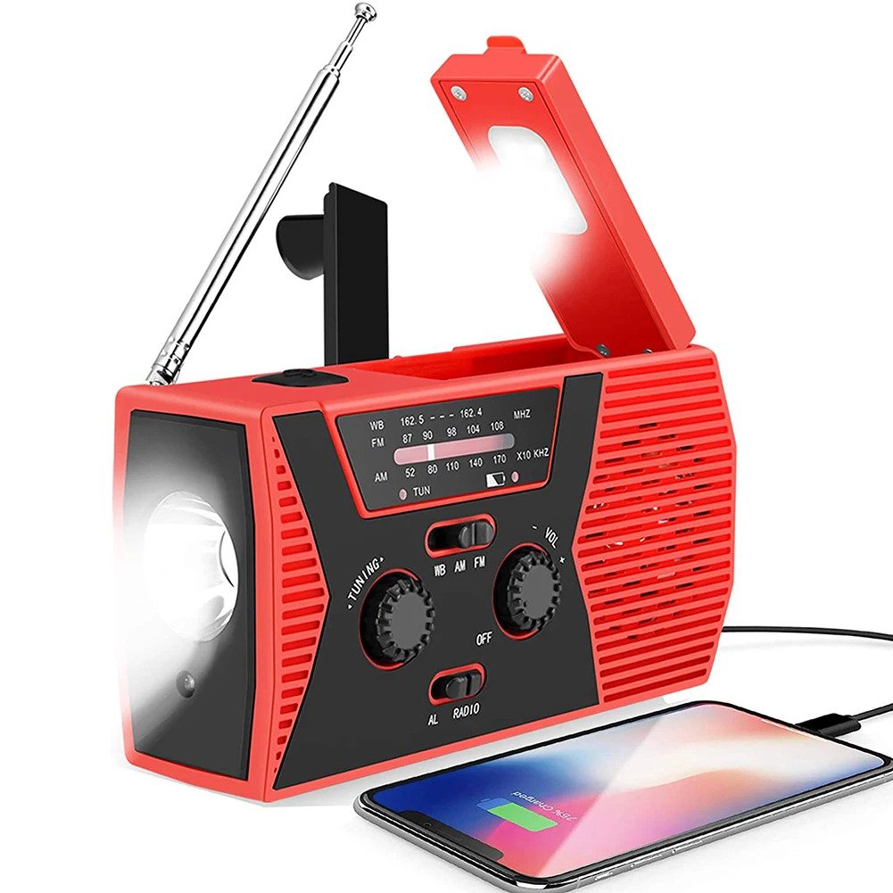מכשיר רדיו חירום נייד סולרי עם סוללת גיבוי חירום – צבע אדום