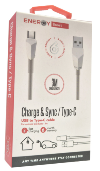 כבל USB ל TYPE C אורך 3 מטר של ENERGY