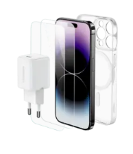 מארז IPHONE 15 PRO הכולל: מטען קיר 30W + כיסוי MagSafe + זוג מגני מסך זכוכית LP797 25931