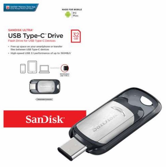 זיכרון נייד SanDisk Dual USB 3.1 Type-C 32GB SDDDC2-032G יבואן רשמי