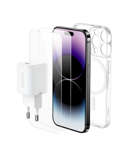 מארז IPHONE 15 PLUS הכולל: מטען קיר 30W + כיסוי MagSafe + זוג מגני מסך זכוכית LP795 25929