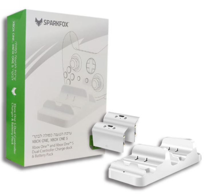 Xbox One SparkFox white Dual Charger + Batteries מטען זוגי + סוללות נטענות ספארקפוקס