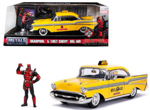 רכב Chevrolet Bel Air Taxi Yellow & Deadpool Diecast Figure Marvel