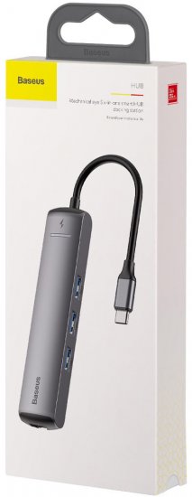 מפצל בחיבור USB מסוג TYPE C לחיבור HDMI חיבור USB 3.2 3X טעינת 87W TYPE C וכניסת כבל רשת Baseus - צבע אפור