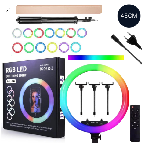 רינג לייט צבעוני 45 ס"מ RGB כולל 3 מעמדים לטלפון + חצובה דגם MJ18