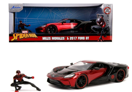 מכונית Jada 31190 2017 Ford GT with Miles Morales Diecast Figurine Spider Man Marvel Series 1 by 24 Diecast Model Car