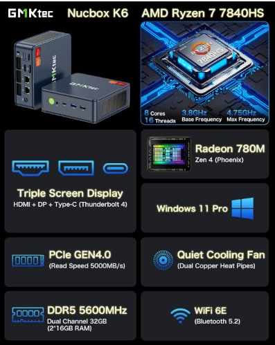 מחשב מיני GMKtec K6 R7 7840HS 16GB DDR5 1TB NVME WIN11PRO