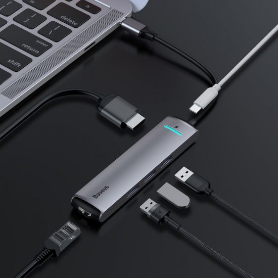 מפצל בחיבור USB מסוג TYPE C לחיבור HDMI חיבור USB 3.2 3X טעינת 87W TYPE C וכניסת כבל רשת Baseus - צבע אפור